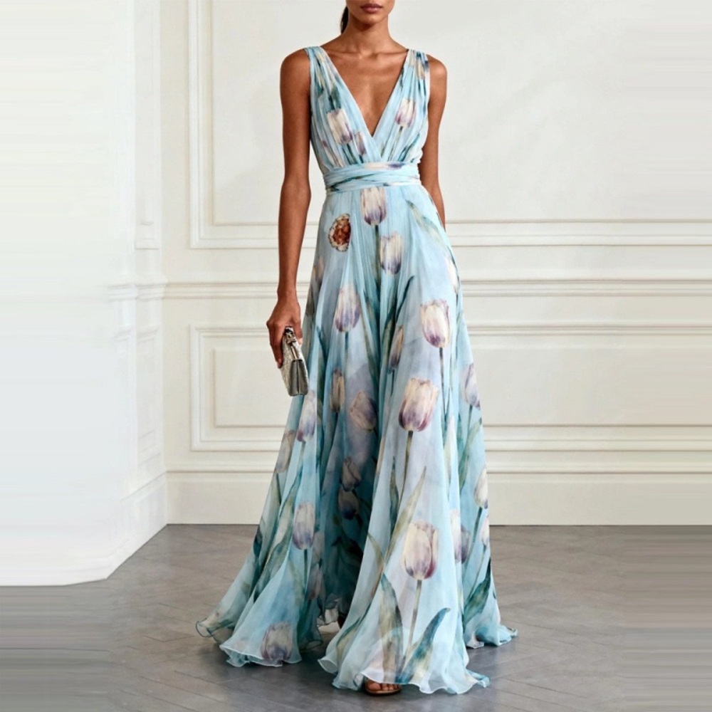 Zimmermann Elegant Light Blue Floral V-Neck Maxi Dress